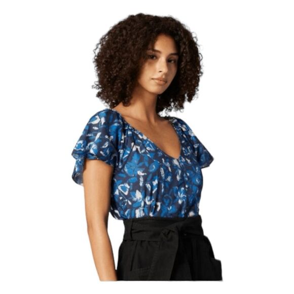 Joie Katya Floral Print Blouse Navy Blazer Blue Flutter Short Sleeves V-Neck S - Picture 2 of 11